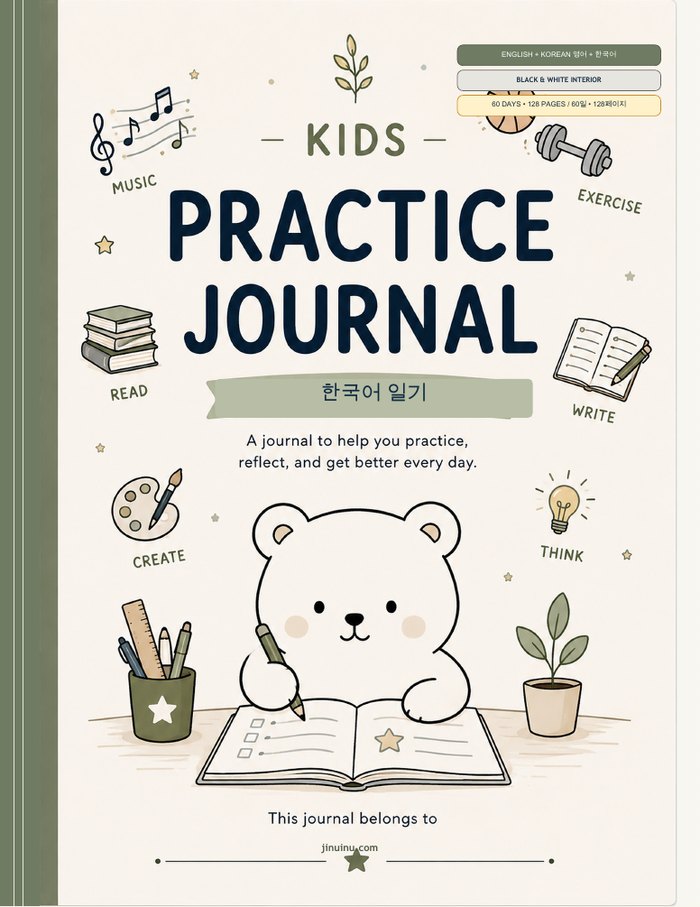 Kids Practice Journal, English + Korean · Black-and-white interior cover