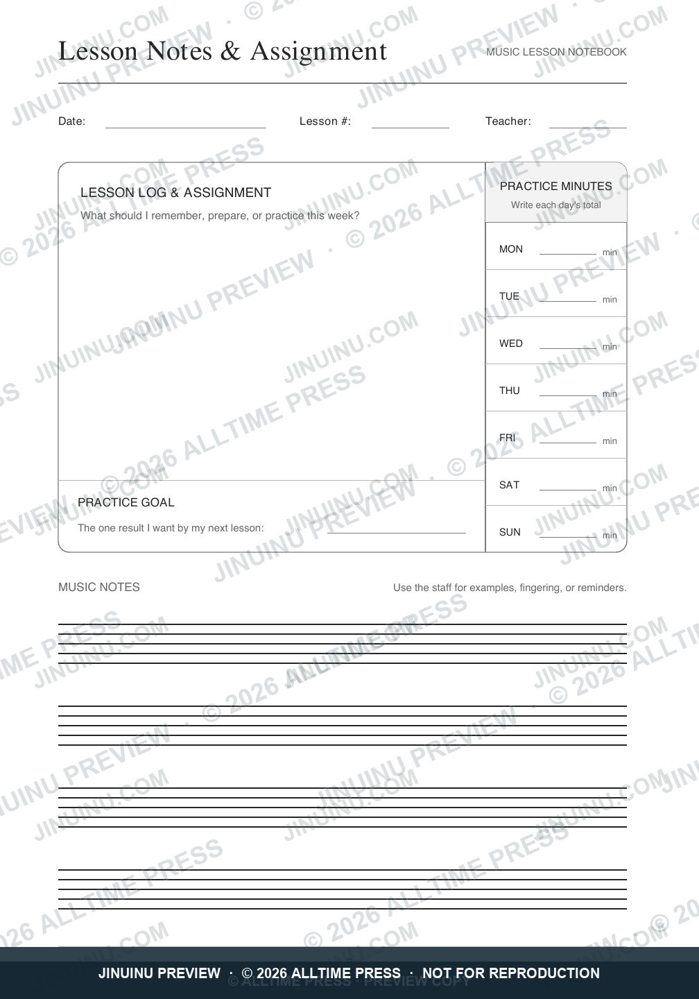Full lesson, daily minutes, goal, and staff page
