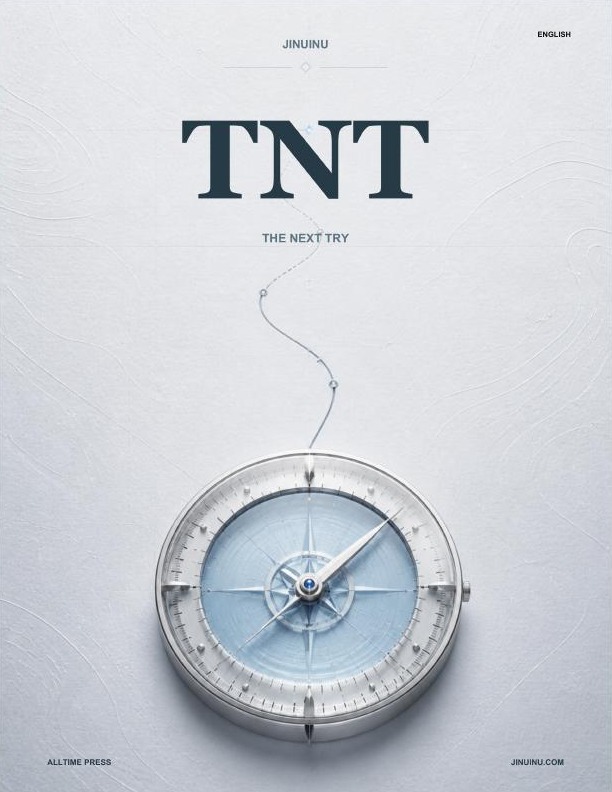 Icy white TNT The Next Try cover with a blue compass instrument