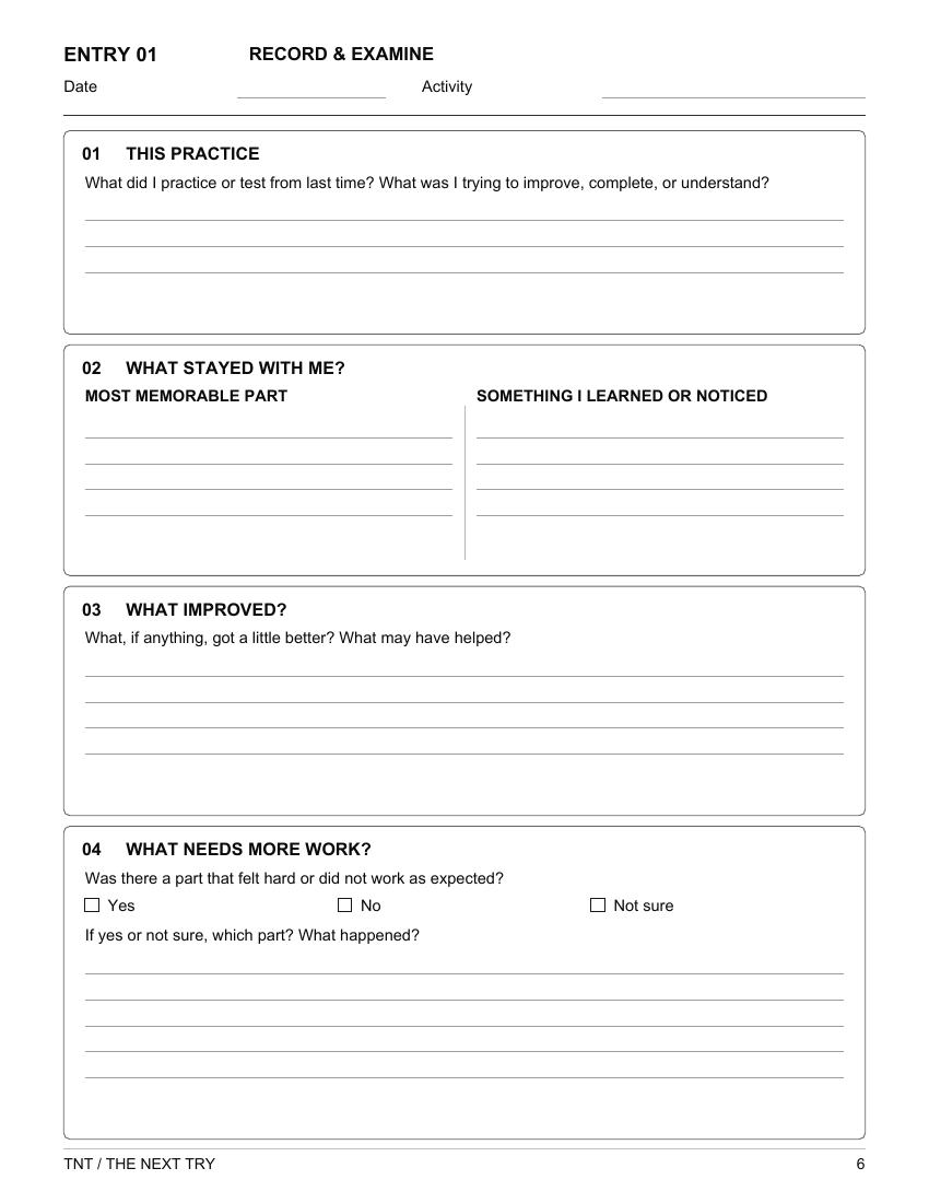 Current English edition: Record & Examine — first entry, left page